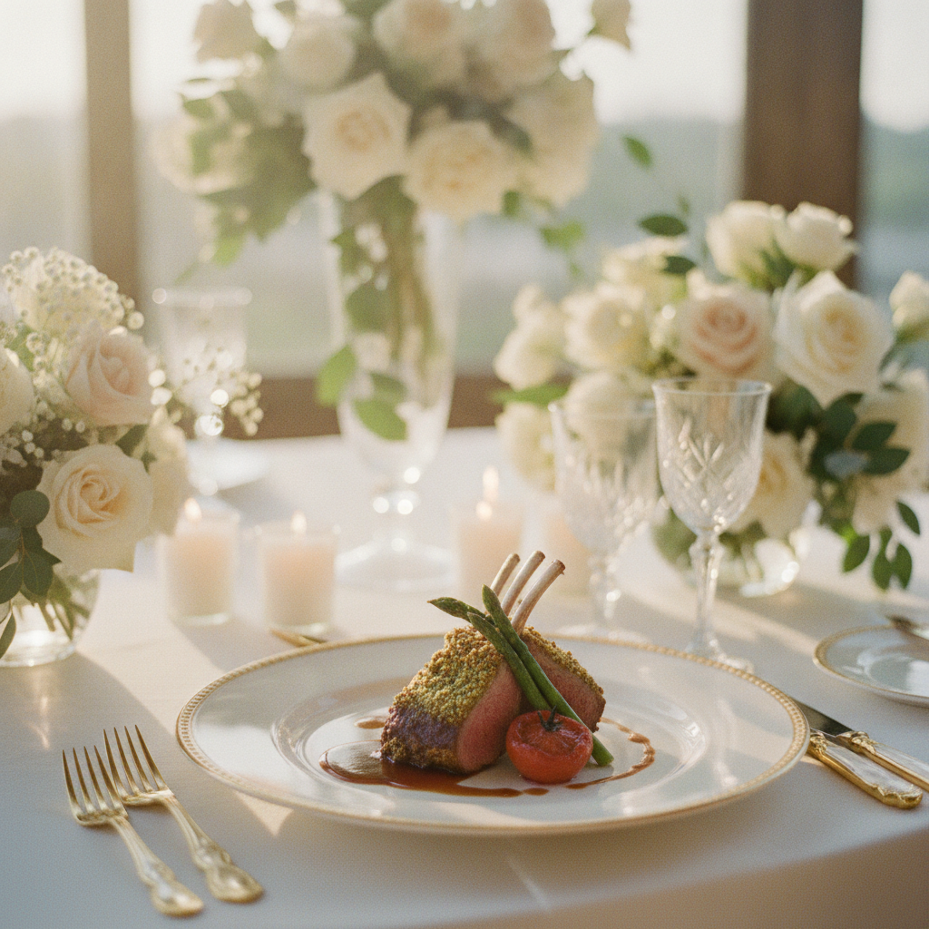 Platillo gourmet servido en una mesa de boda elegante en Monterrey, destacando el costo del banquete