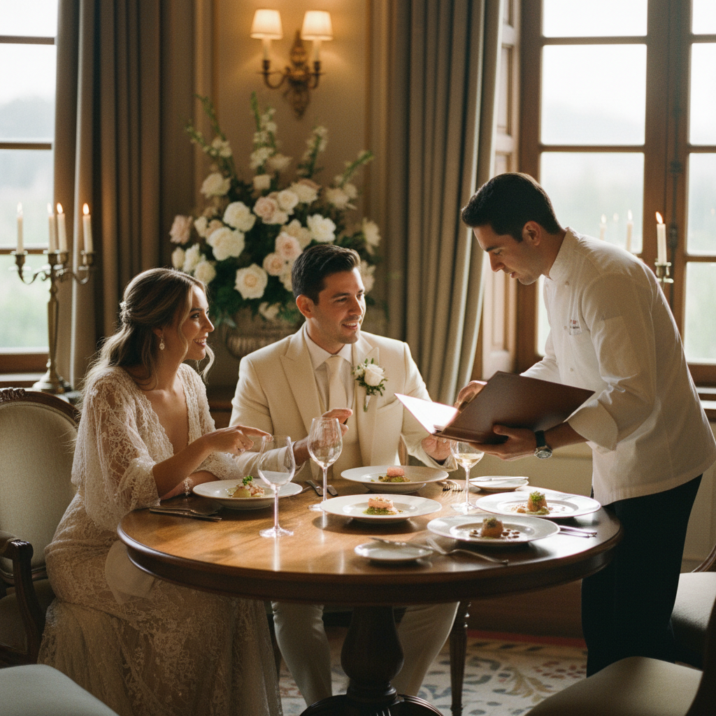 Pareja de novios realizando la prueba de menú con un chef en Monterrey