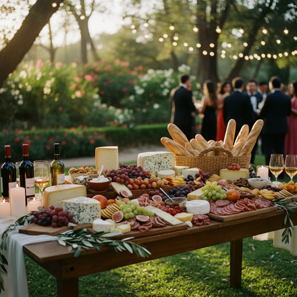 Estación de carnes frías y quesos en una boda en un jardín de San Pedro Garza García