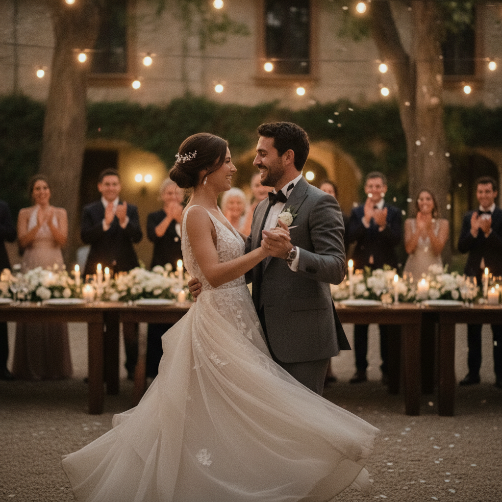Novios bailando alegremente bajo luces festivas en su boda de noche, con decoración elegante de fondo en un jardín o hacienda.