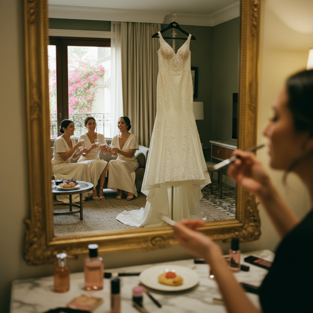 A bride getting her makeup done in a beautifully lit hotel room in Polanco, Mexico City. Her wedding dress hangs in the background, and her bridesmaids are chatting and drinking champagne. Soft, natural light focuses on the bride's reflection in the mirror.