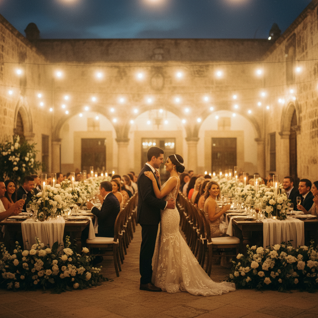 A beautifully set dinner table at a nighttime wedding reception in a hacienda courtyard. Long tables with elegant floral centerpieces and warm string lights overhead create a romantic atmosphere.