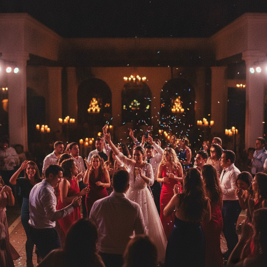 A vibrant, packed dance floor at a Mexican wedding at night. Guests are dancing energetically under colorful lights, with captured motion blur conveying joyful expressions.