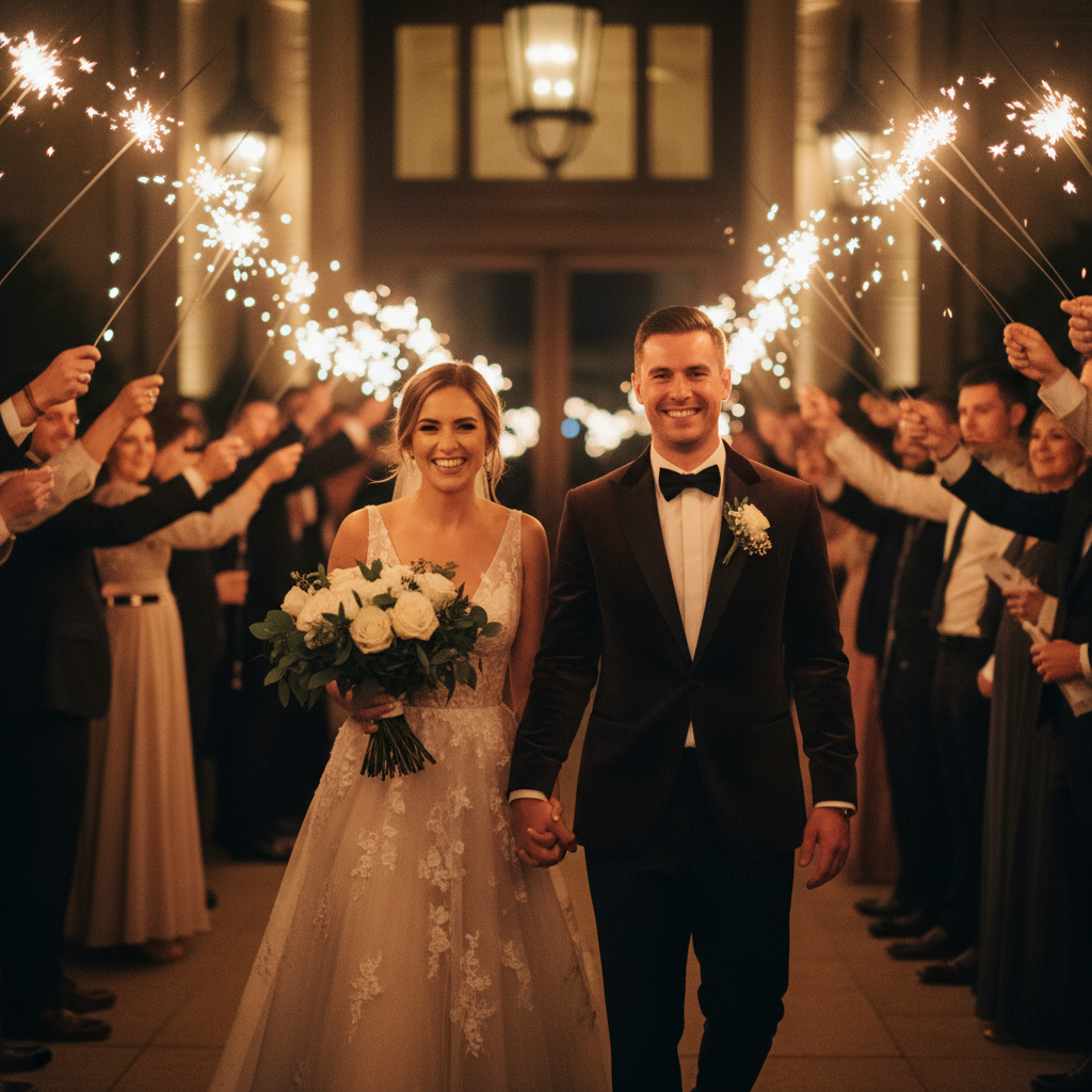 A newlywed couple leaving their wedding reception at night through an archway of light created by guests holding up sparklers. The bride and groom are smiling, captured from the front.