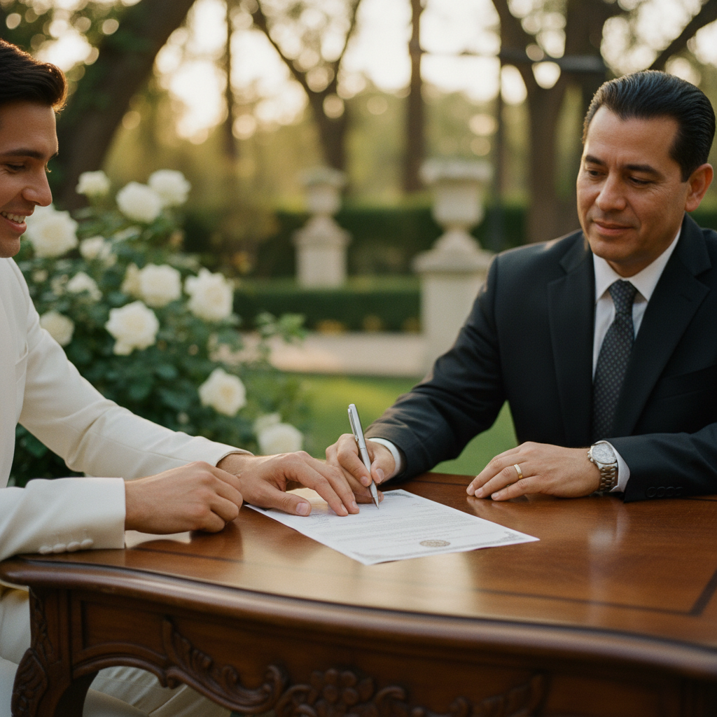 Pareja feliz firmando acta de matrimonio civil con juez en jardín en México, estilo editorial.