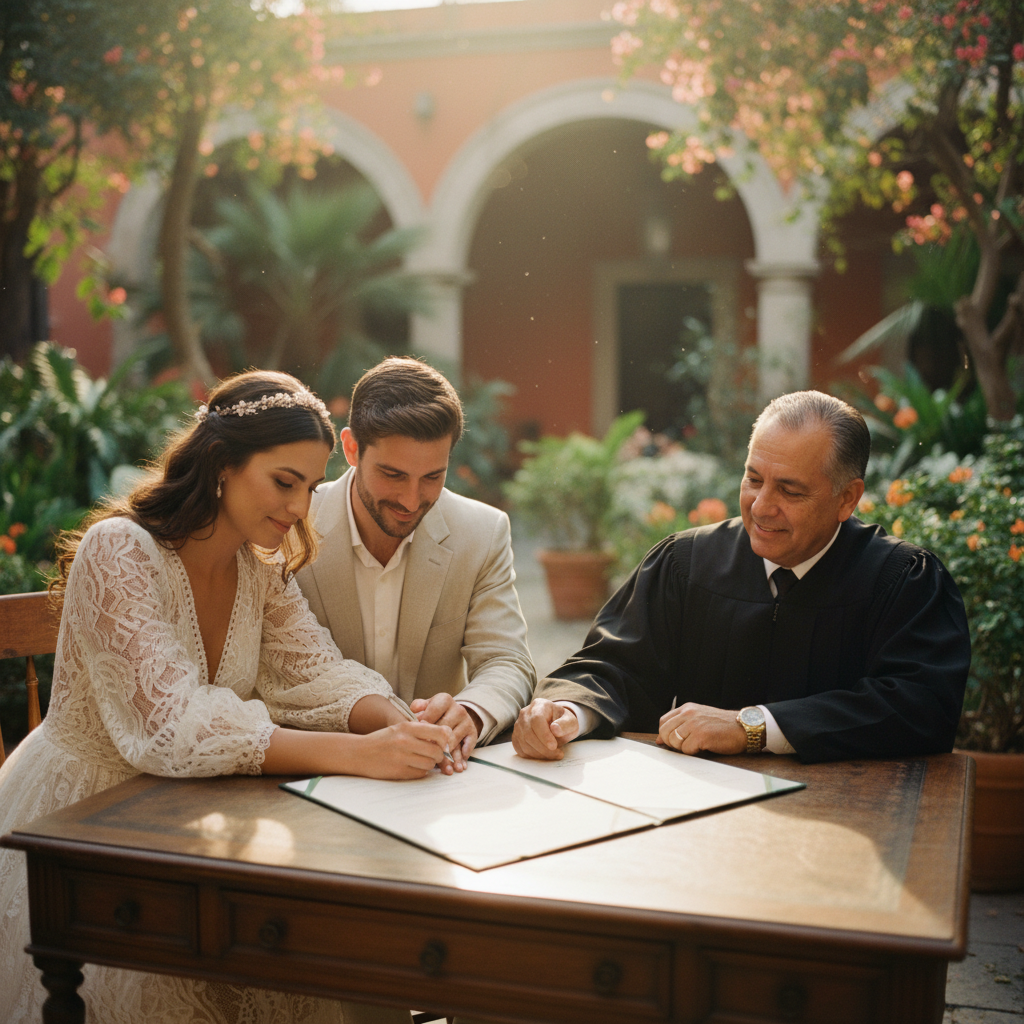 Fotografía de una pareja firmando el acta de matrimonio frente a un juez durante una ceremonia de boda civil en un jardín elegante en la Ciudad de México.