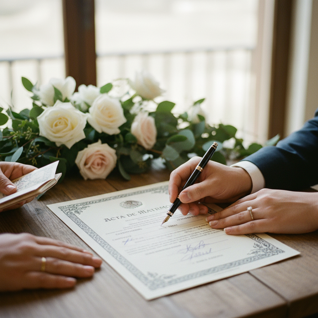 Una imagen en primer plano del acta de matrimonio mexicana siendo firmada con una pluma estilográfica, con las manos de los novios y los testigos visibles.