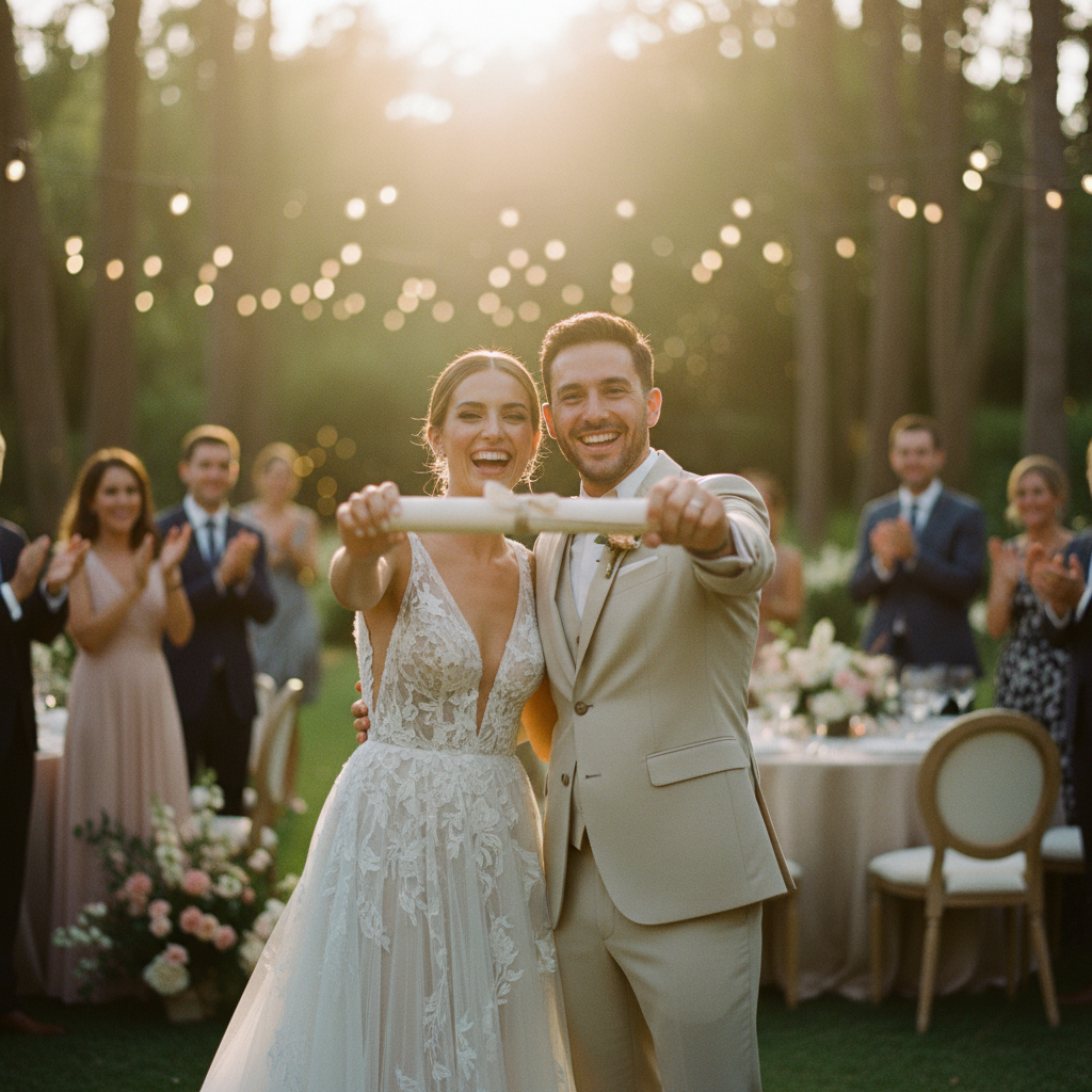 Una pareja de recién casados sonriendo mientras muestran su acta de matrimonio a la cámara, con los invitados aplaudiendo en el fondo durante una recepción al aire libre.