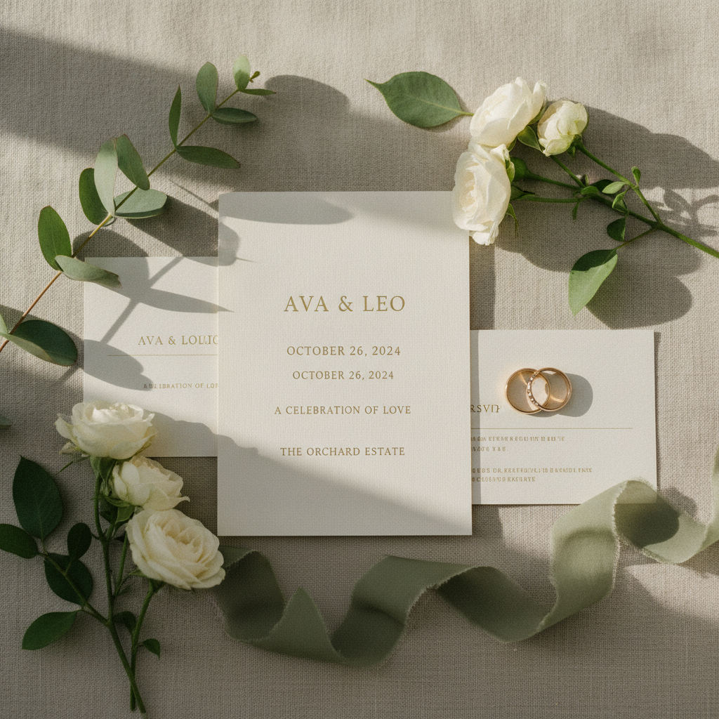 Maqueta de invitación de boda elegante con detalles florales y sobre a juego sobre una superficie de madera clara, con una alianza de boda en primer plano.