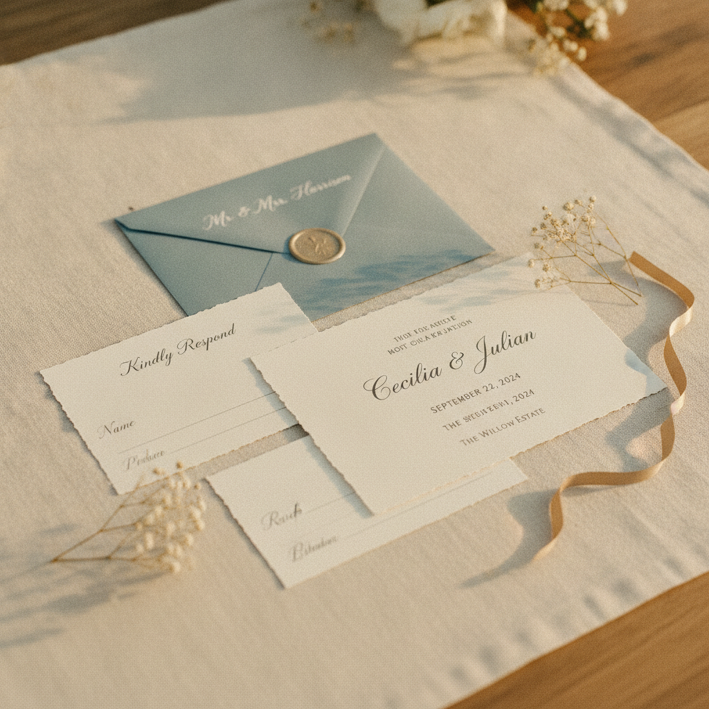 A flat lay of a high-end wedding invitation suite on a linen surface. Includes the main card, an RSVP card, and an envelope with calligraphy. The style is minimalist and elegant, with a neutral color palette of sage green and cream. Editorial lighting, soft focus.