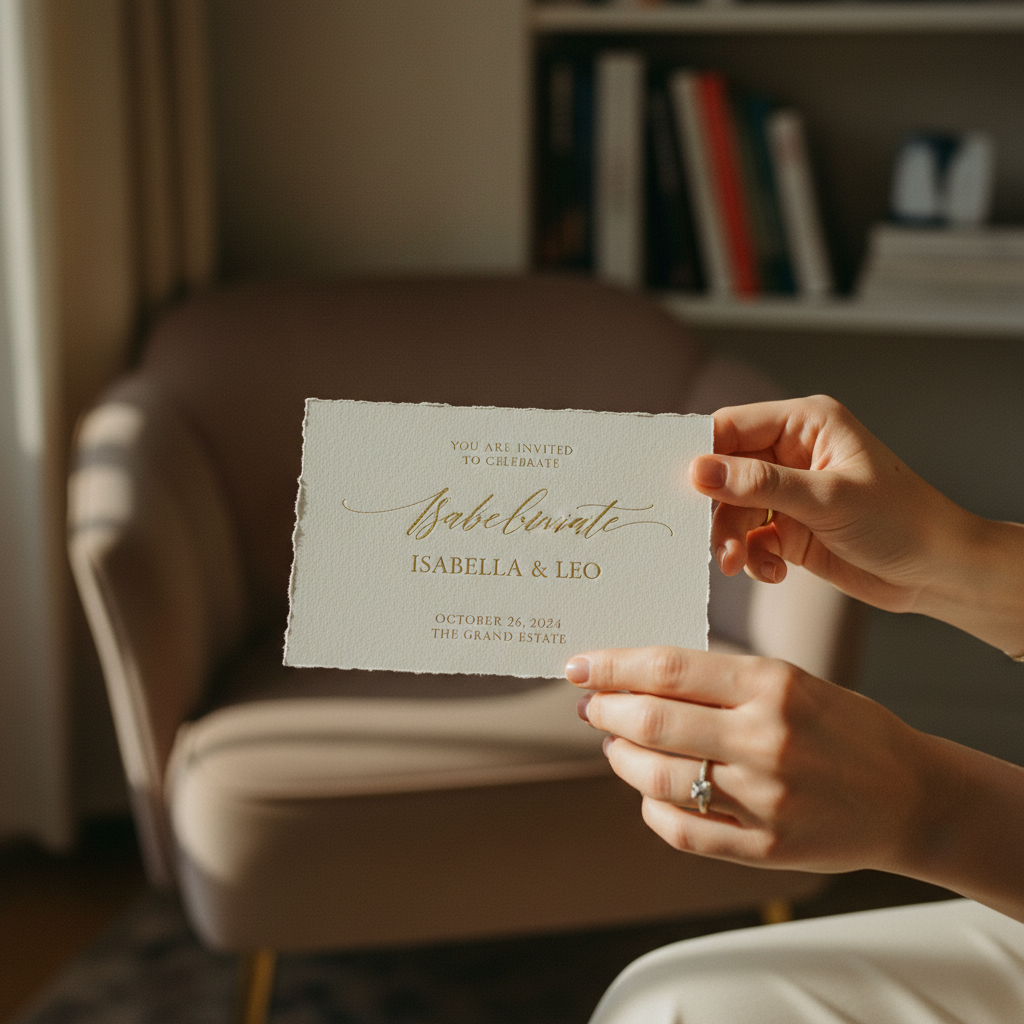 Close-up shot of a couple's hands holding a beautifully designed wedding invitation. The background is a slightly blurred garden setting. The focus is on the luxurious cotton paper texture and elegant gold foil script typography. Warm, natural light.