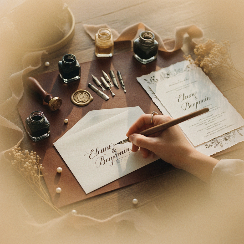 An overhead shot of a calligrapher's desk. A hand is meticulously writing a guest's address on a thick cotton paper envelope. Surrounded by inkwells, nibs, and a finished invitation suite with deep green and gold details. The mood is artistic and detail-oriented.