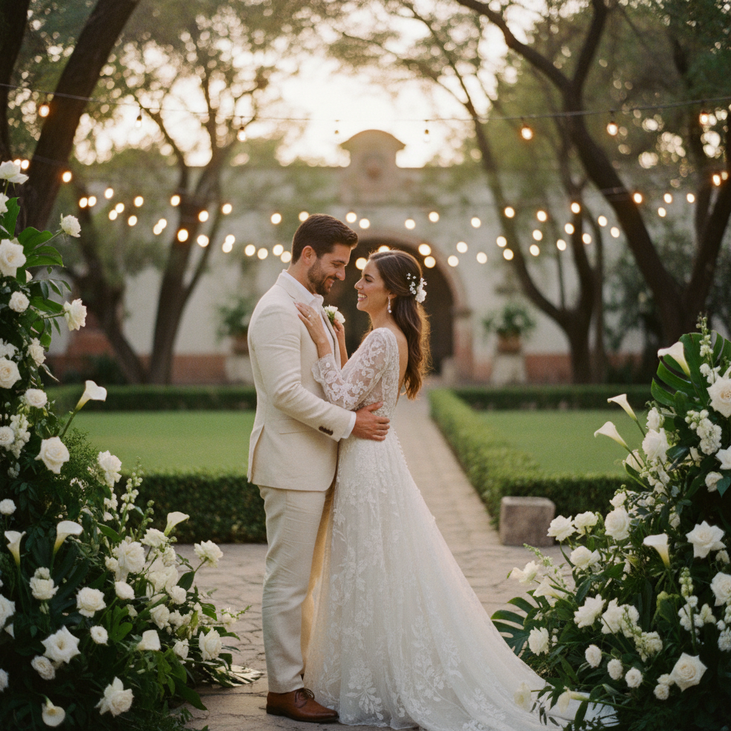 Pareja de recién casados dándose un abrazo en un jardín al atardecer, con luces cálidas de fondo, estilo editorial de boda.