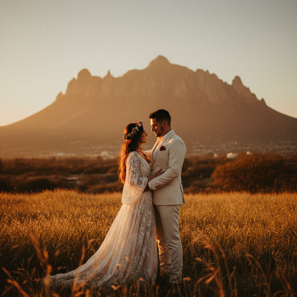 Pareja de novios en una sesión de fotos de boda con el Cerro de la Silla en Monterrey de fondo.