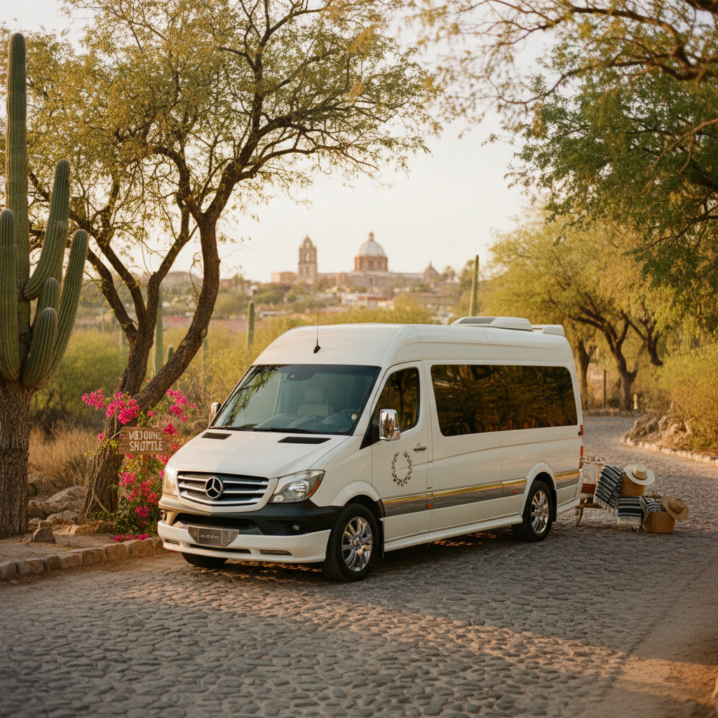 Vehículo tipo van o autobús moderno y elegante esperando a invitados de una boda en un hermoso paisaje mexicano al atardecer, listo para el transporte.