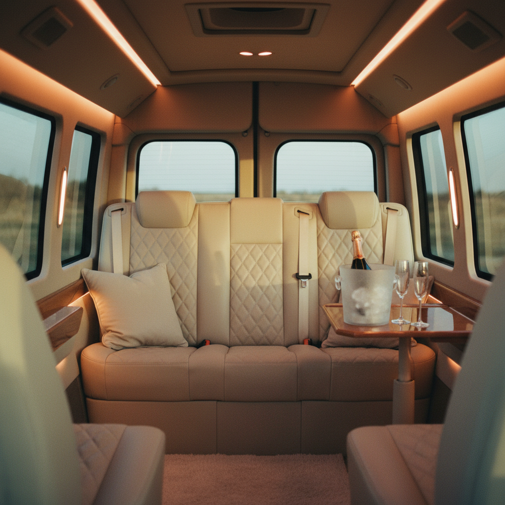 Vista interior de una sprinter de lujo para bodas, con asientos de piel color crema y una botella de champagne enfriándose.