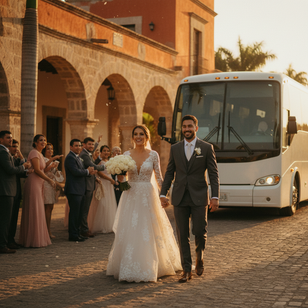 Una pareja de novios caminando hacia un elegante autobús blanco mientras sus invitados aplauden, frente a una hacienda mexicana al atardecer.